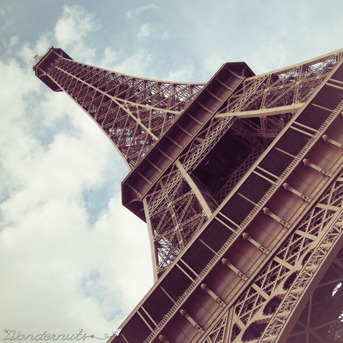Up close photo of the Eiffel Tower.